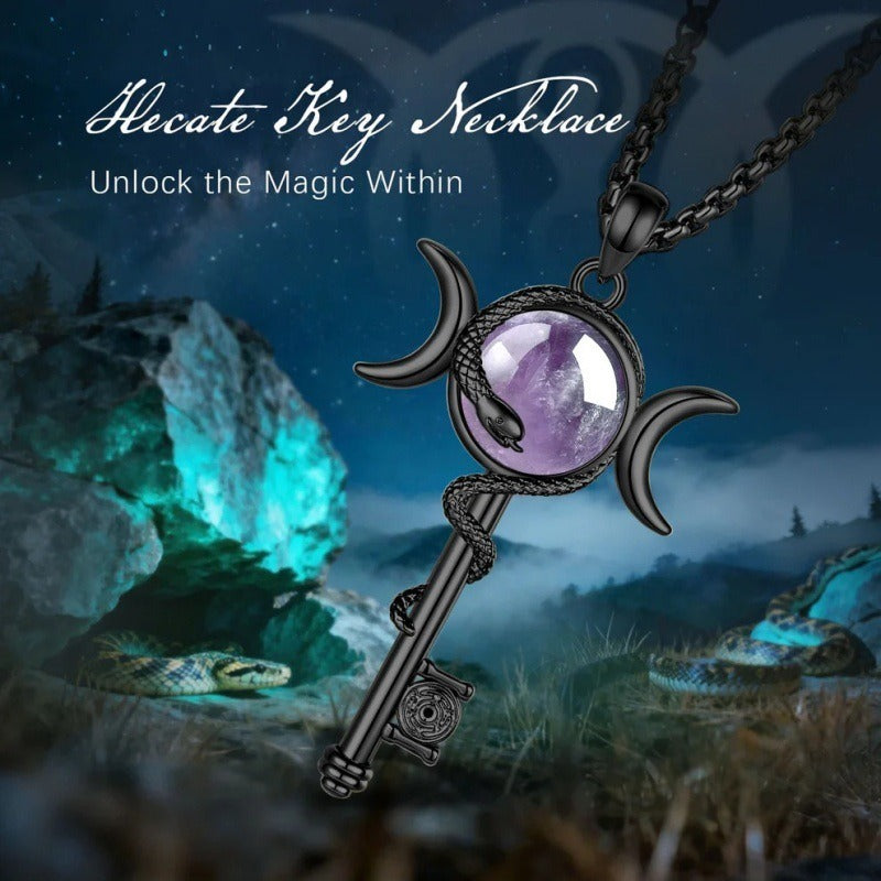 Hecate's Key Triple Moon Goddess Snake-Wrapped Amethyst Talisman Necklace