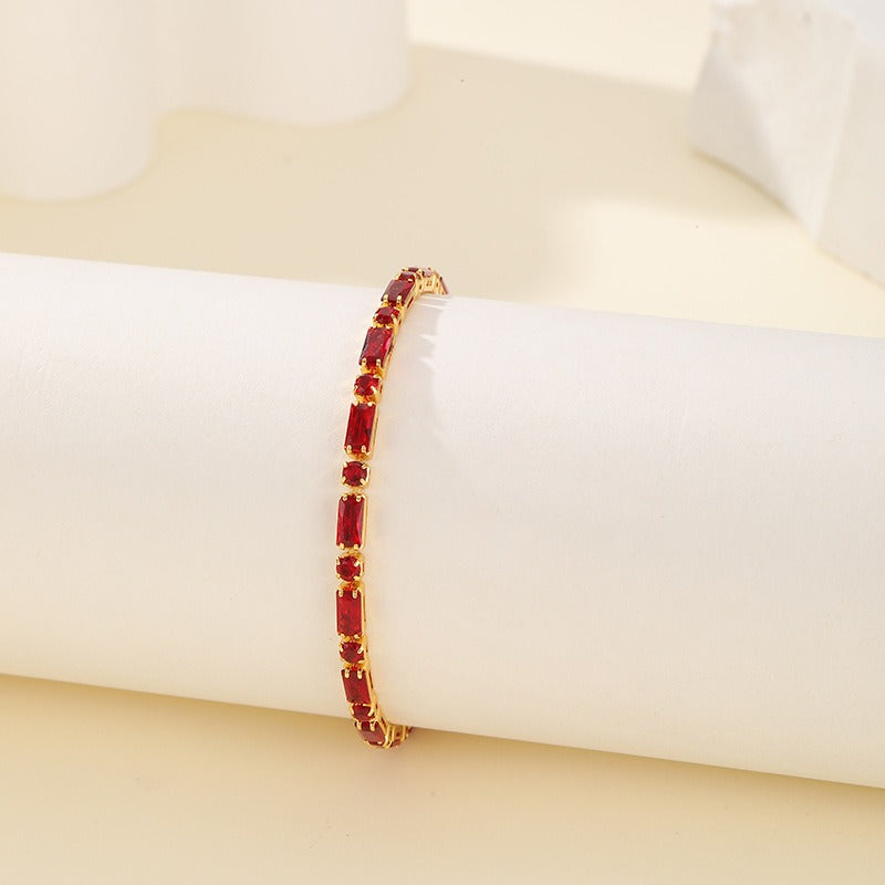 14K Gold Plated Geometric Baguette & Round Gemstone Bracelet