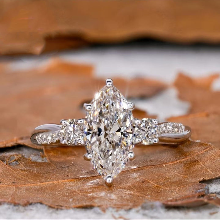 S925 Sterling Silver Marquise-Cut Three-Stone Pavé Ring