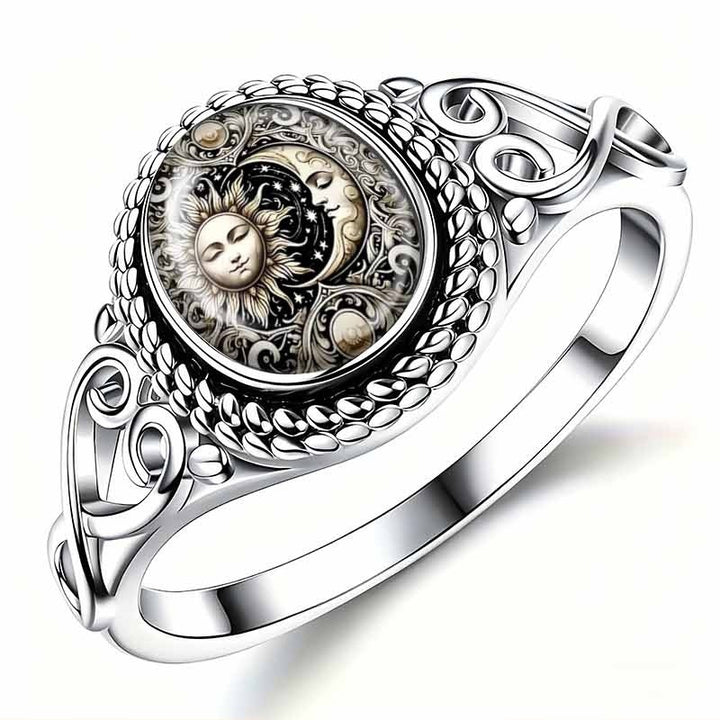 Celestial Legends S925 Sterling Silver Vintage Sun & Moon Motif Adjustable Ring