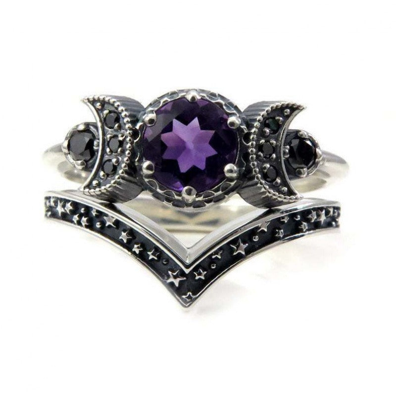 18K Rose Gold/S925 Silver Moon Star Totem Multi-Color Gemstone Ring Dark Light Luxury Band