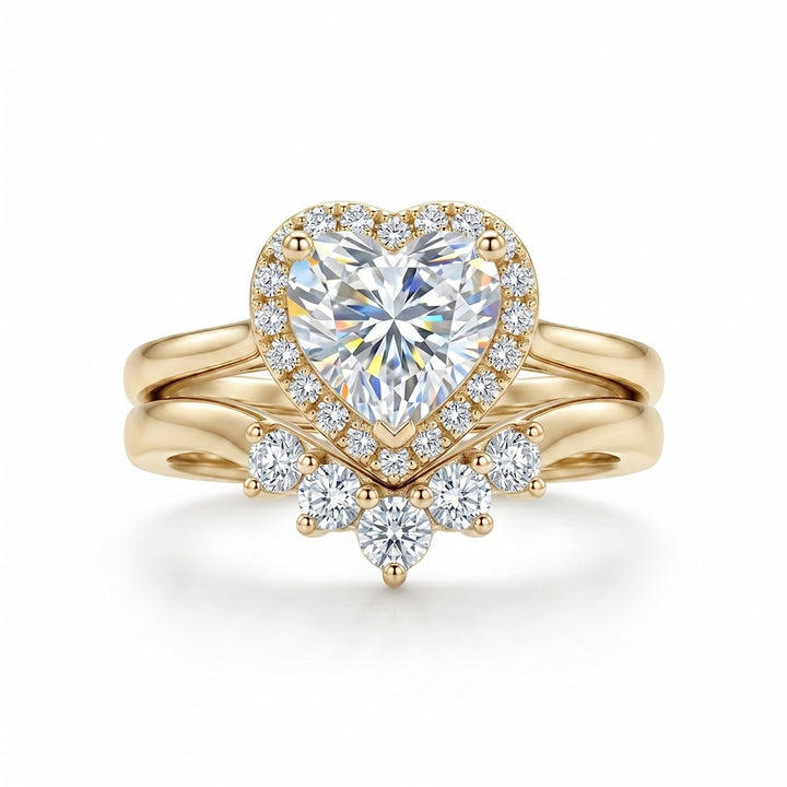Heartfelt Halo Heart-Cut Solitaire V-Band Stacking Ring Set