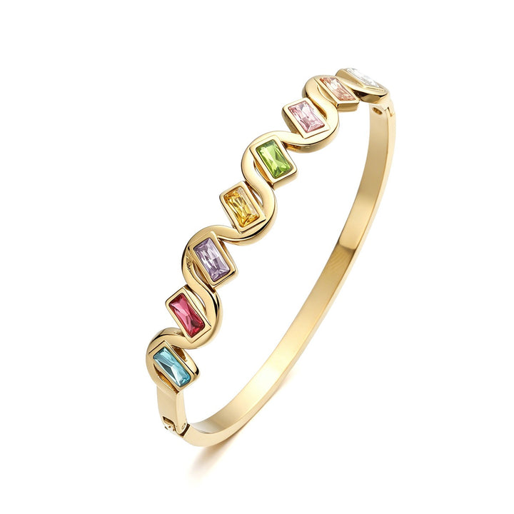 Rainbow Rhythm Geometric Wave Bezel-Set Baguette Bangle