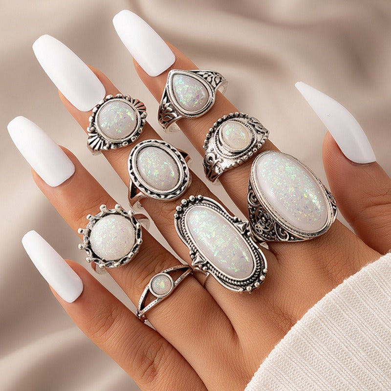 S925 Sterling Silver 7Pcs Vintage Carved Opal Ring Set