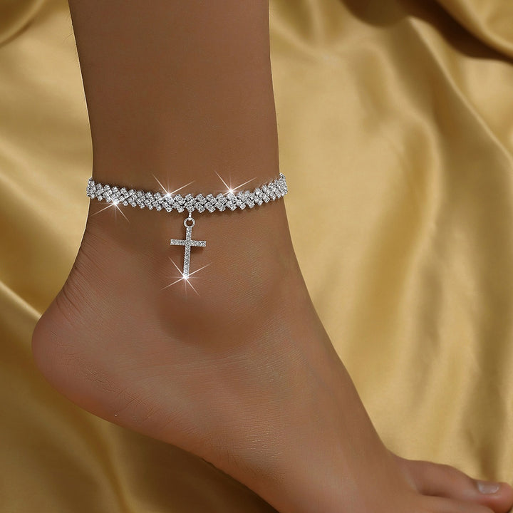S925 Sterling Silver Pavé Crystal Cross Anklet