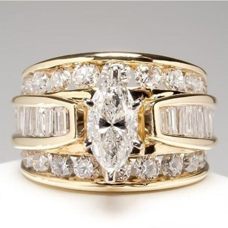 Triple Row Radiance 18K Gold Marquise Diamond Wide Band Ring Luxurious Coronation at Your Fingertips