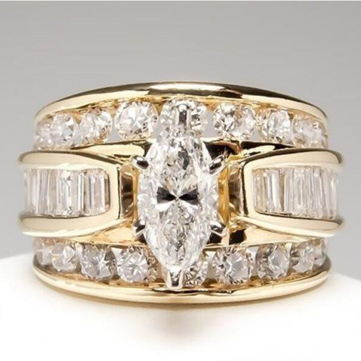 Triple Row Radiance 18K Gold Marquise Diamond Wide Band Ring Luxurious Coronation at Your Fingertips