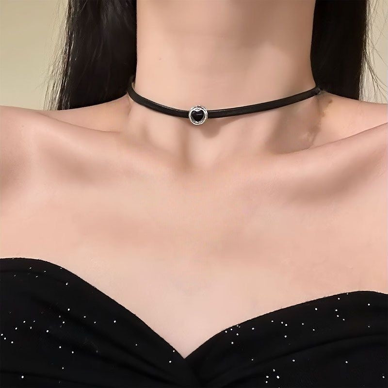 Dark Symphony Y2K Leather Choker Double-Layer Black Stone Necklace Set