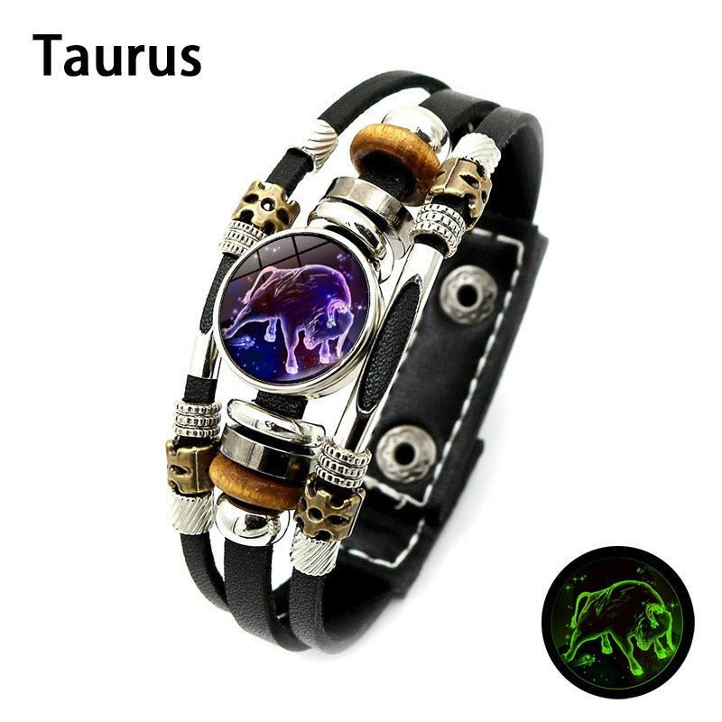 Glow in The Dark 12 Zodiac Multilayer Leather Bracelet
