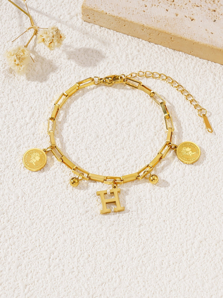 Personalized Initial Lucky Charm 26-Letter Vintage Coin 18K Gold Bracelet