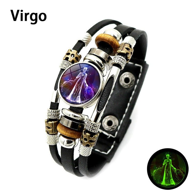 Glow in The Dark 12 Zodiac Multilayer Leather Bracelet