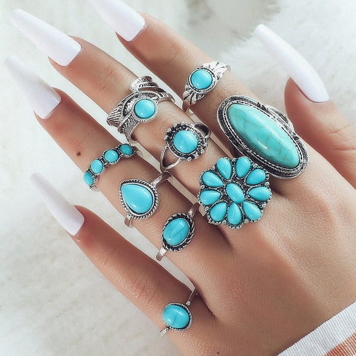 Bohemian Mystique S925 Silver Vintage Turquoise Stacking Open Ring Set