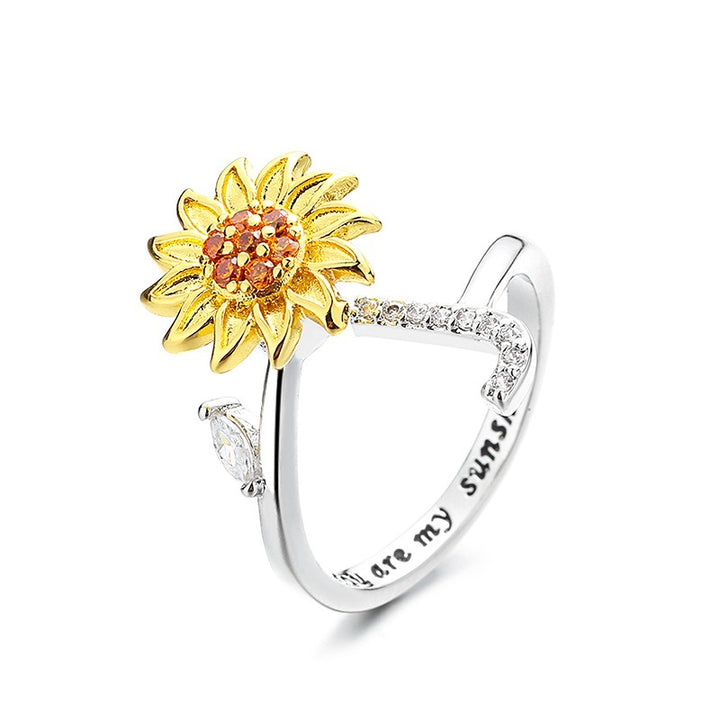 S925 Silver Sunflower Spinner Ring Personalized A-Z Initial CZ