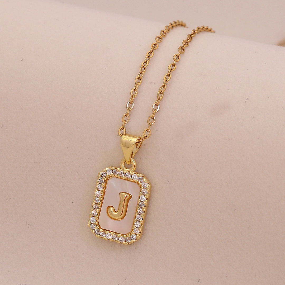 18K Gold Mother of Pearl Initial Necklace CZ Framed A-Z Square Letter Pendant
