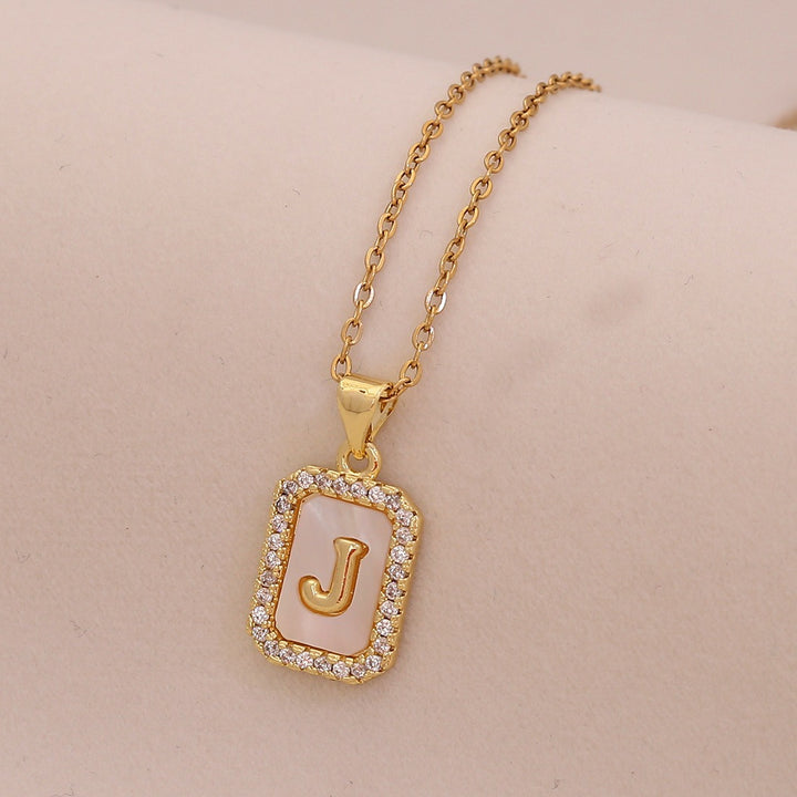 18K Gold Mother of Pearl Initial Necklace CZ Framed A-Z Square Letter Pendant