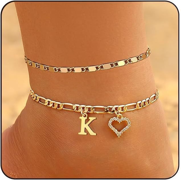 Personalized Initial 26-Letter Heart Pave Figaro Chain Gold Anklet