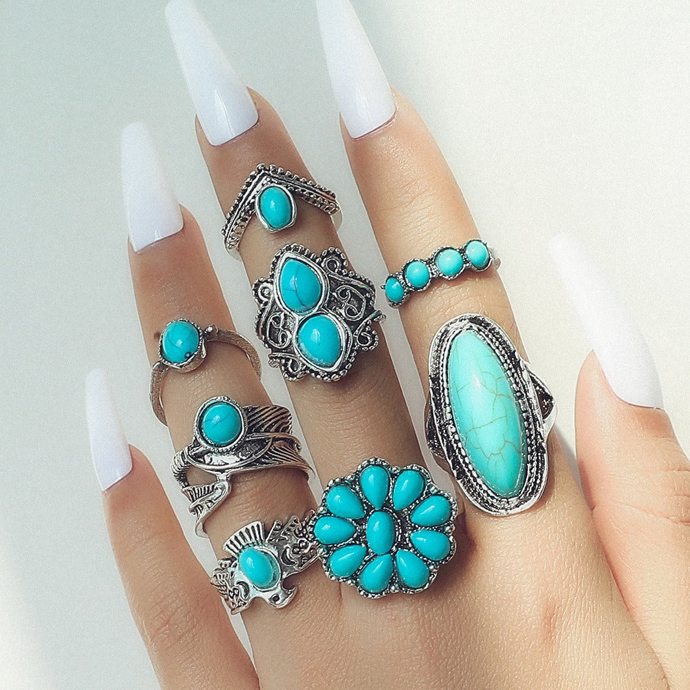 Bohemian Mystique S925 Silver Vintage Turquoise Stacking Open Ring Set