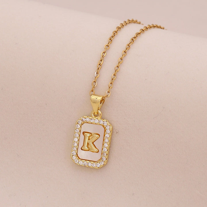 18K Gold Mother of Pearl Initial Necklace CZ Framed A-Z Square Letter Pendant