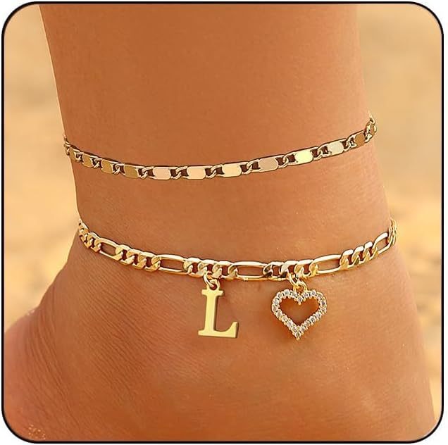 Personalized Initial 26-Letter Heart Pave Figaro Chain Gold Anklet