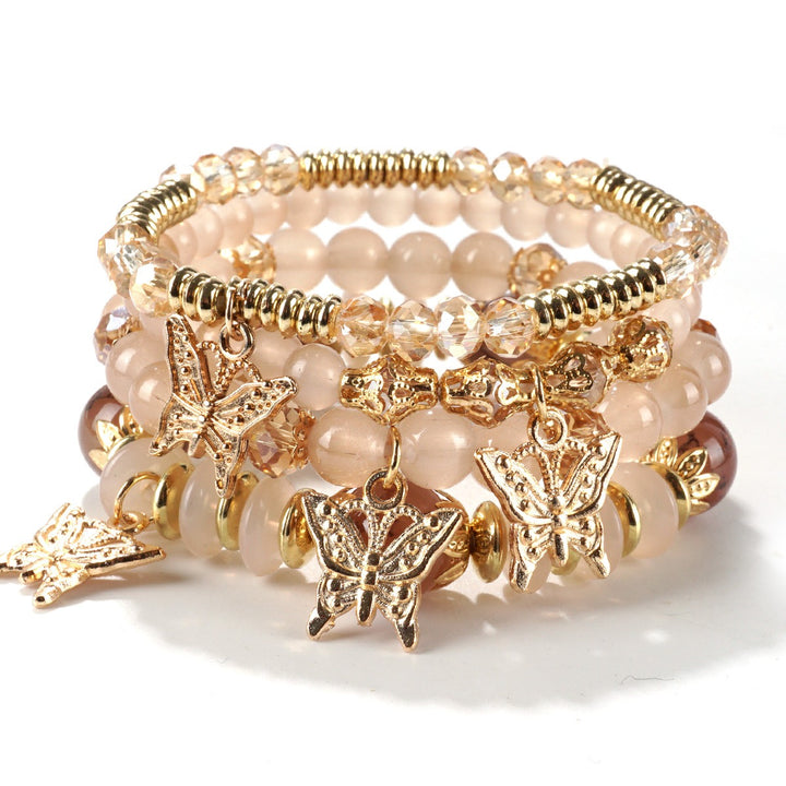 14K Gold Plated Butterfly Charm Multi-Layer Beaded Bracelet Set