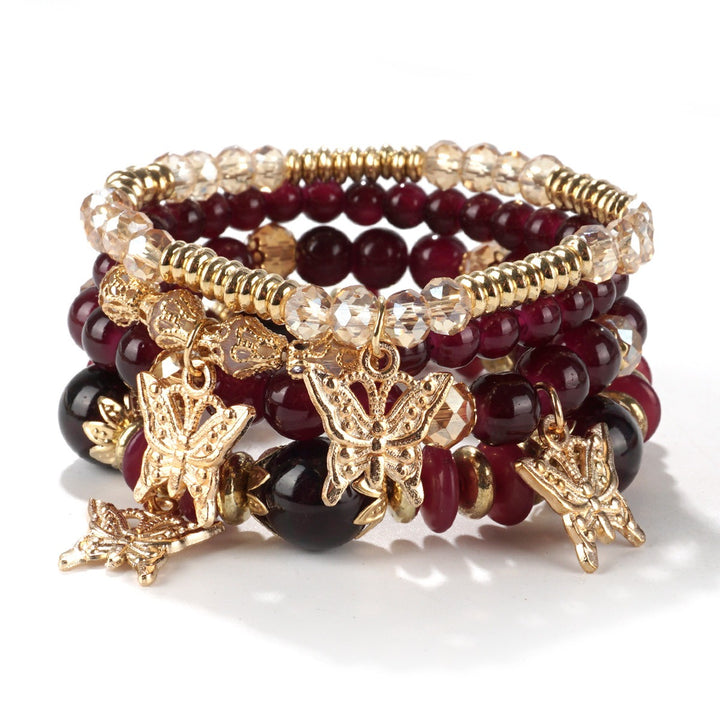 14K Gold Plated Butterfly Charm Multi-Layer Beaded Bracelet Set