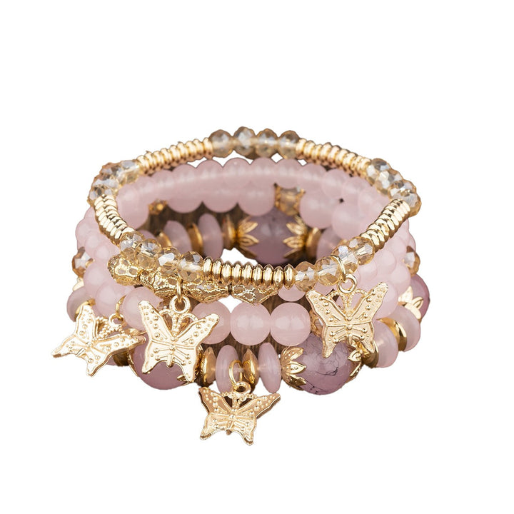 14K Gold Plated Butterfly Charm Multi-Layer Beaded Bracelet Set
