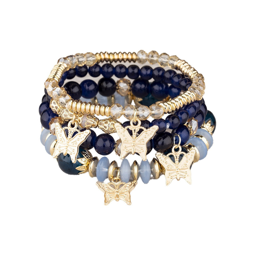 14K Gold Plated Butterfly Charm Multi-Layer Beaded Bracelet Set