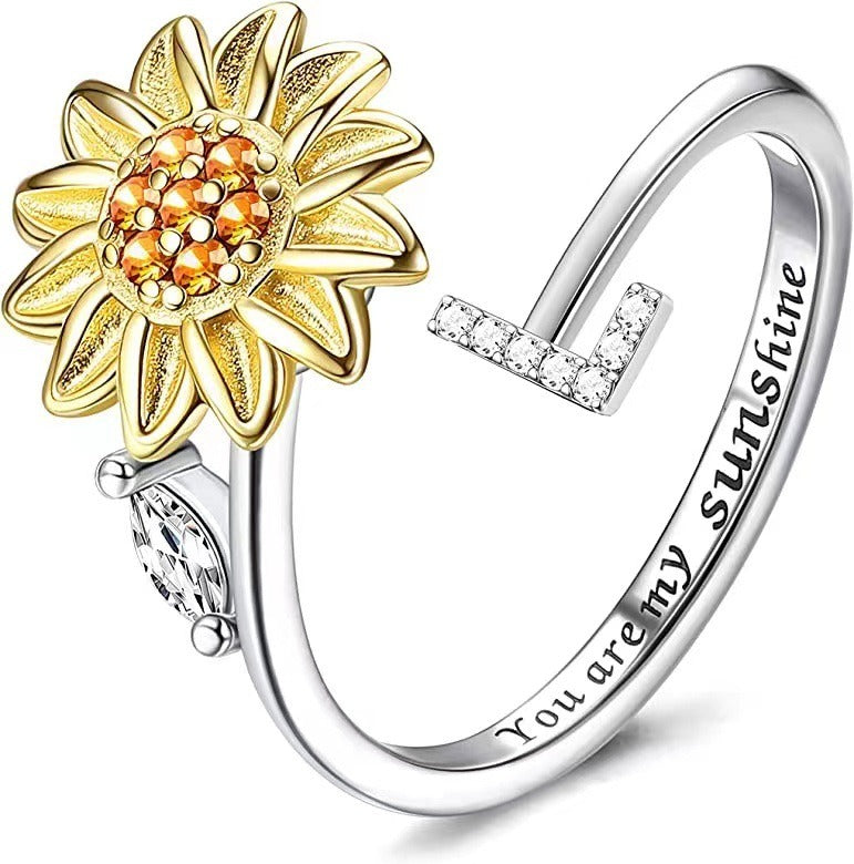 S925 Silver Sunflower Spinner Ring Personalized A-Z Initial CZ