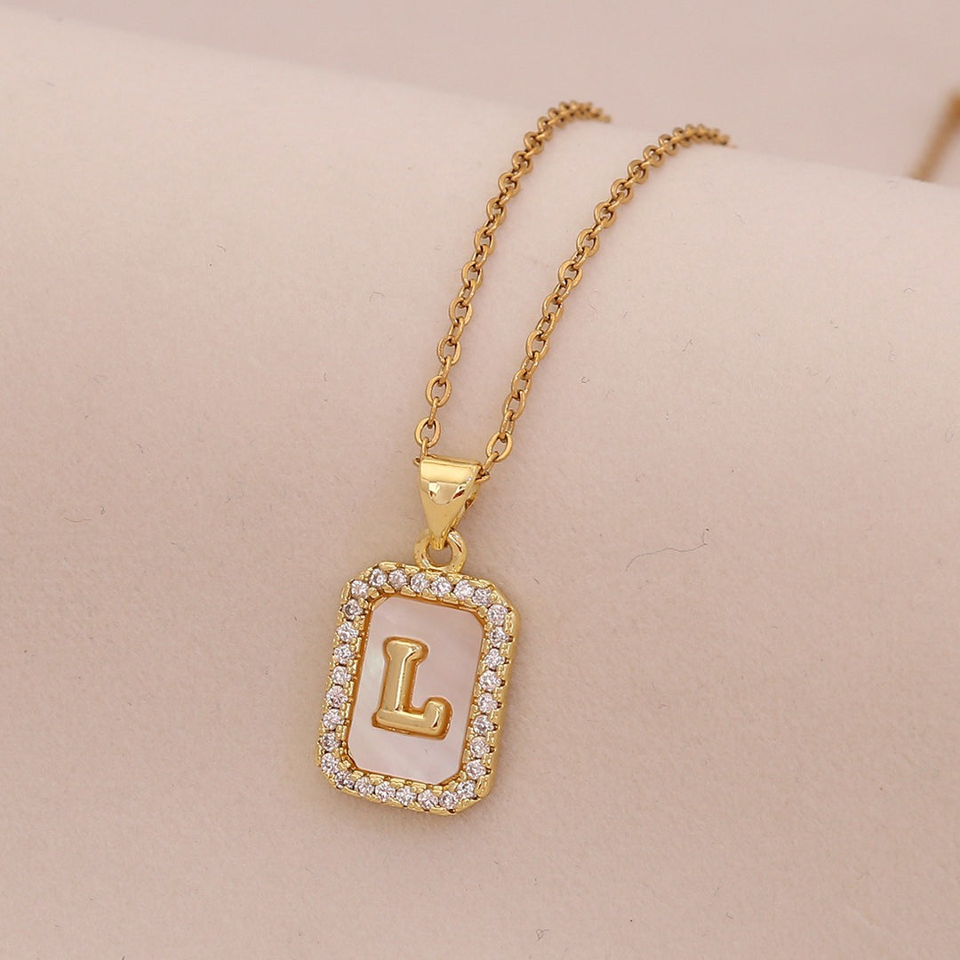 18K Gold Mother of Pearl Initial Necklace CZ Framed A-Z Square Letter Pendant