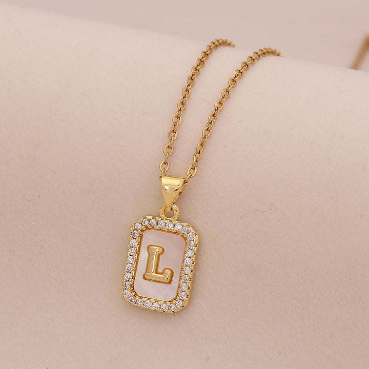 18K Gold Mother of Pearl Initial Necklace CZ Framed A-Z Square Letter Pendant