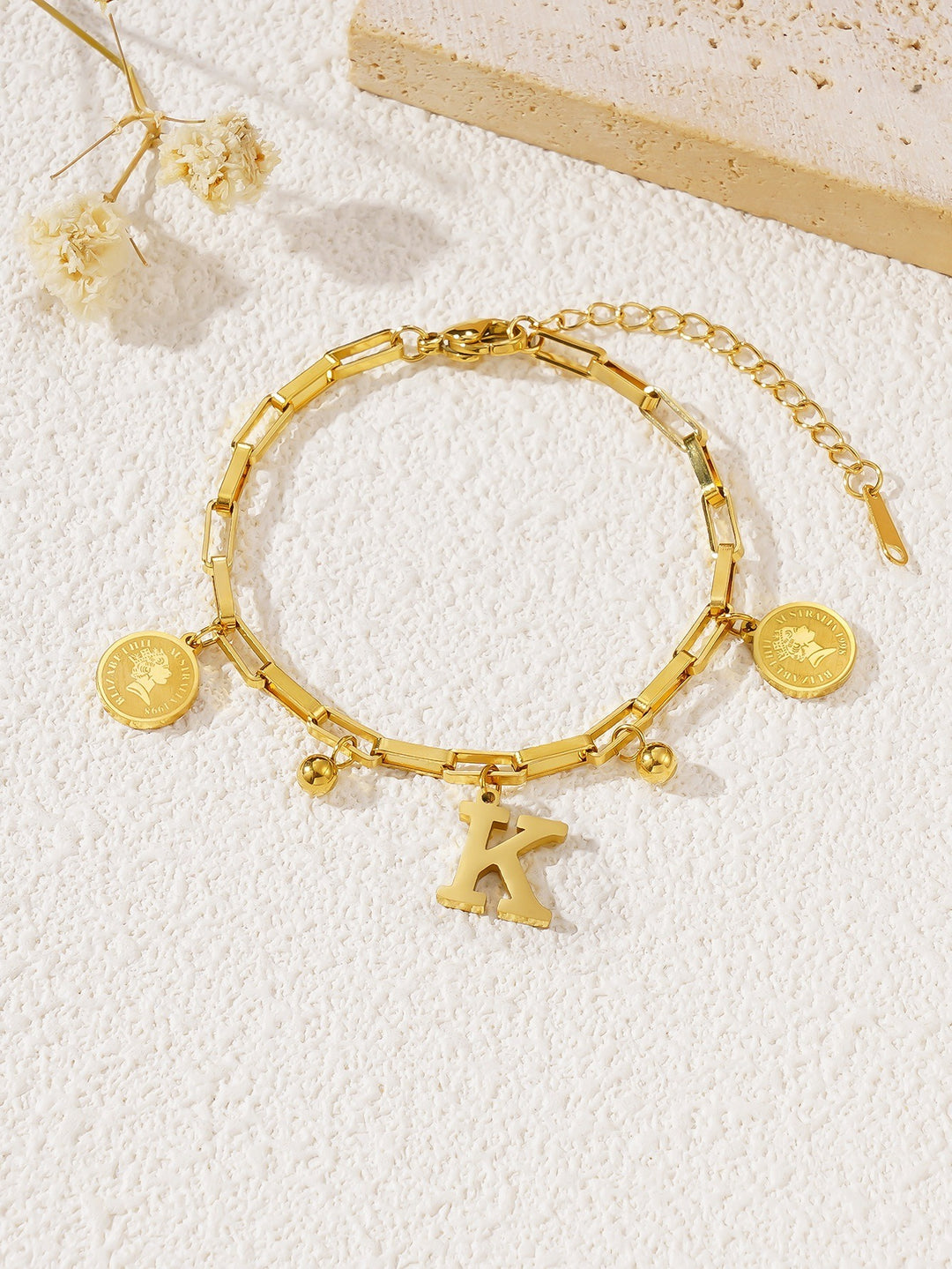 Personalized Initial Lucky Charm 26-Letter Vintage Coin 18K Gold Bracelet