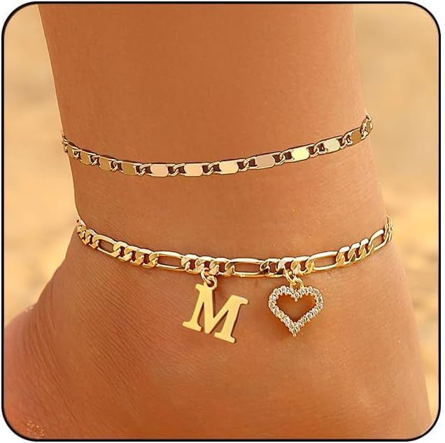 Personalized Initial 26-Letter Heart Pave Figaro Chain Gold Anklet