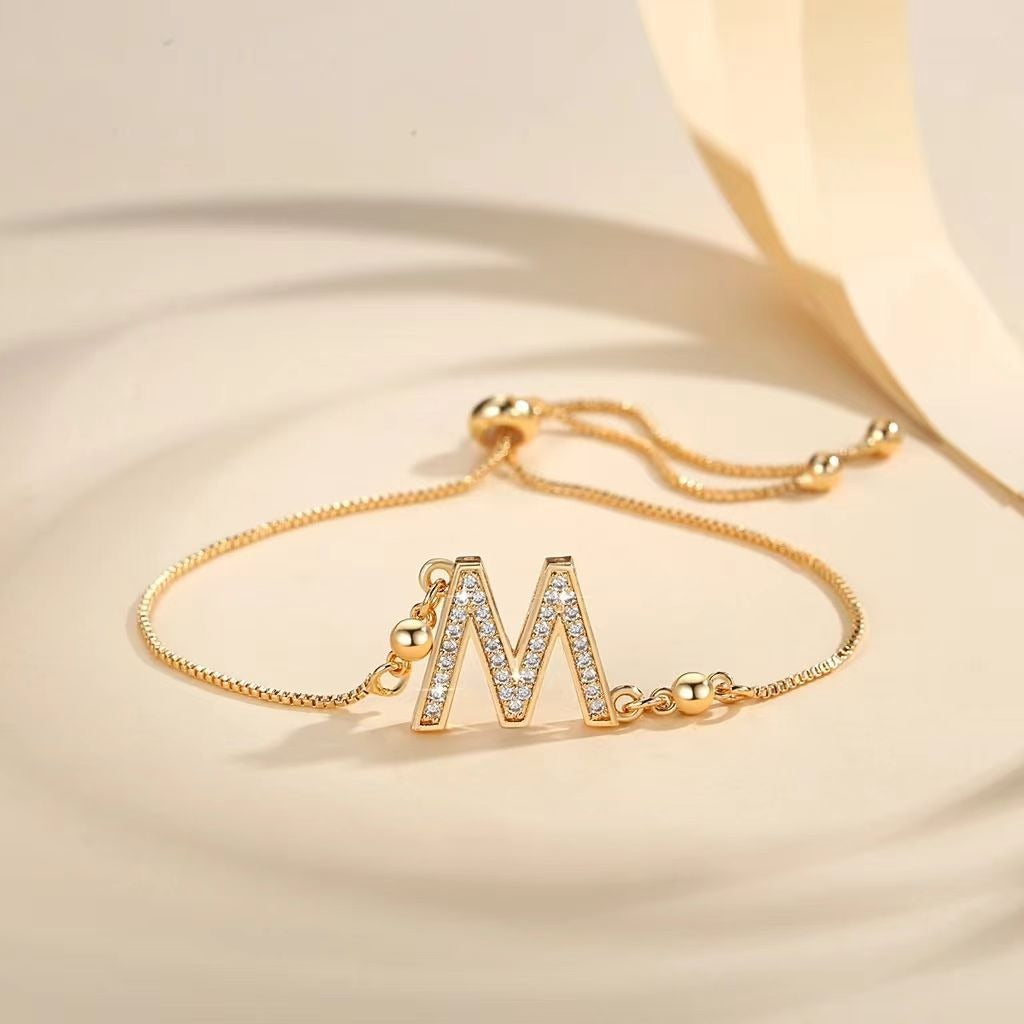Personalized Touch 18K Gold Diamond 26 Letters Adjustable Bracelet