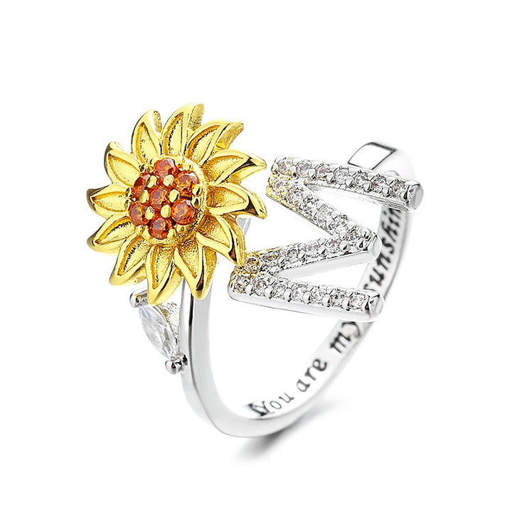 S925 Silver Sunflower Spinner Ring Personalized A-Z Initial CZ