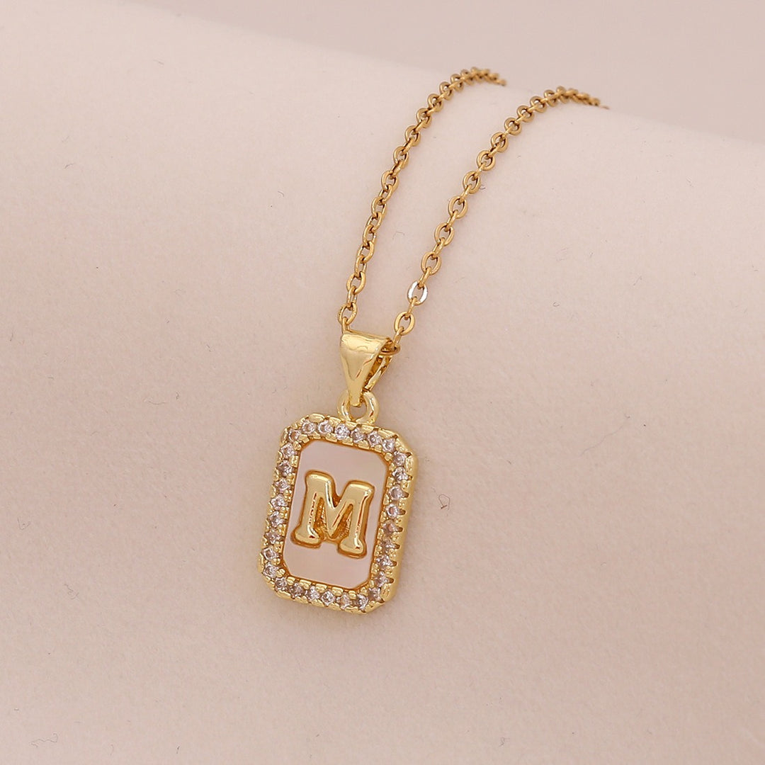 18K Gold Mother of Pearl Initial Necklace CZ Framed A-Z Square Letter Pendant
