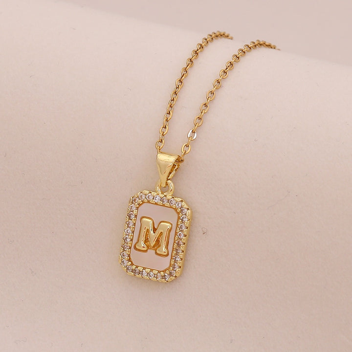 18K Gold Mother of Pearl Initial Necklace CZ Framed A-Z Square Letter Pendant
