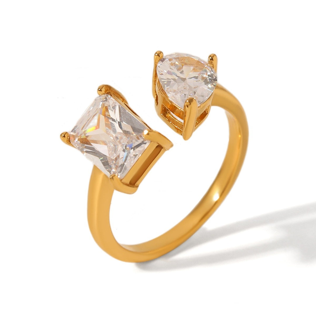 18K Gold Geometric Two-Stone Open Ring Asymmetrical Toi et Moi Ring