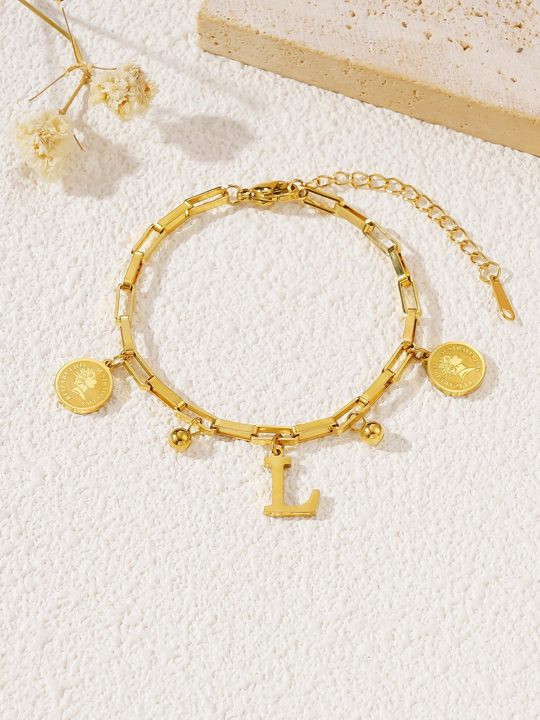 Personalized Initial Lucky Charm 26-Letter Vintage Coin 18K Gold Bracelet