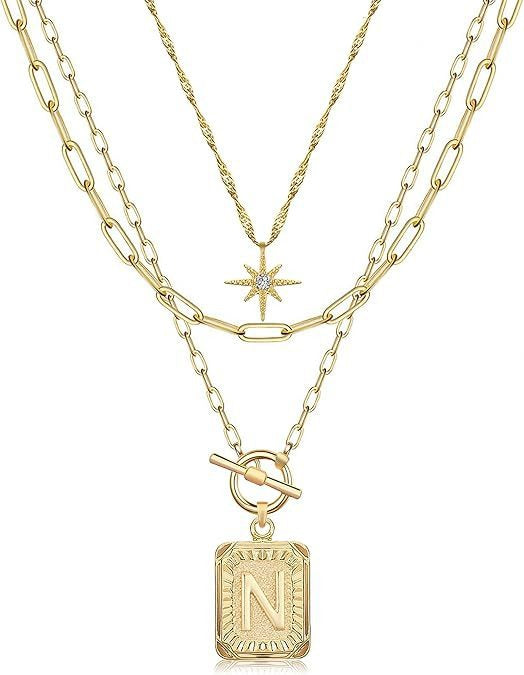 Personalized Initial 14K Gold Vintage Square Tag Letter Necklace
