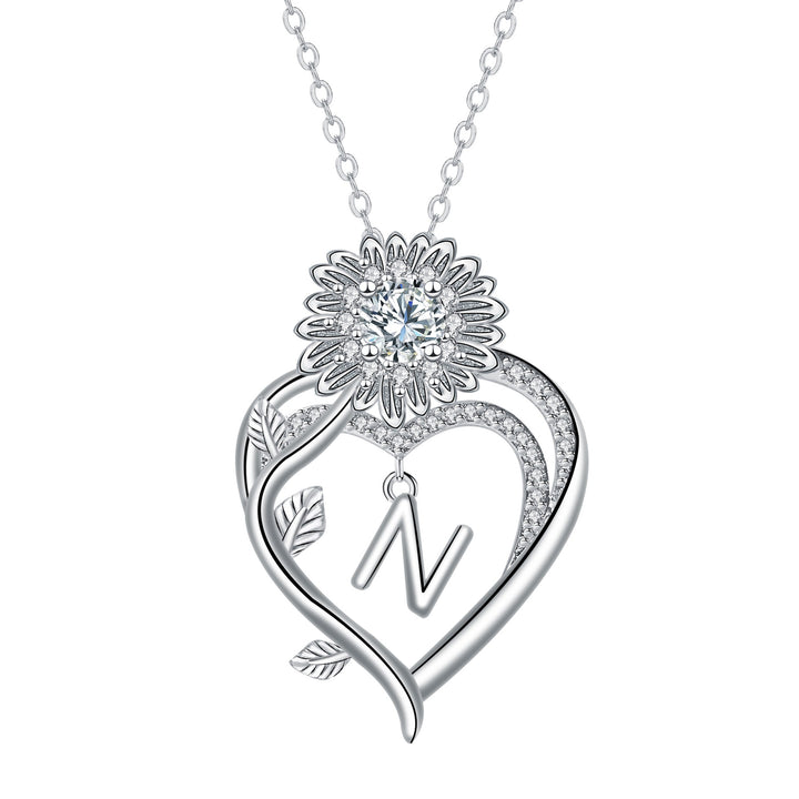 S925 Silver Sunflower Heart Initial Necklace Personalized A-Z Letter Pendant