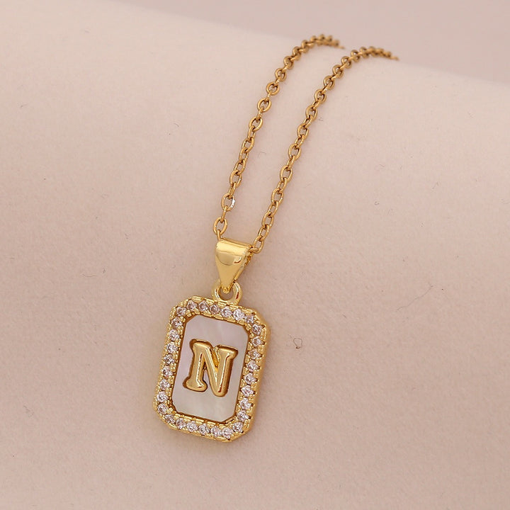 18K Gold Mother of Pearl Initial Necklace CZ Framed A-Z Square Letter Pendant