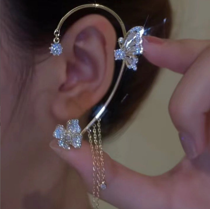 S925 Sterling Silver Butterfly Flower CZ Tassel Ear Climber Cuff