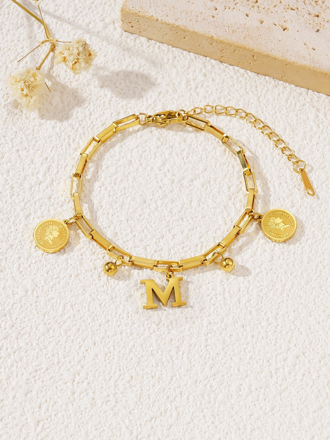 Personalized Initial Lucky Charm 26-Letter Vintage Coin 18K Gold Bracelet