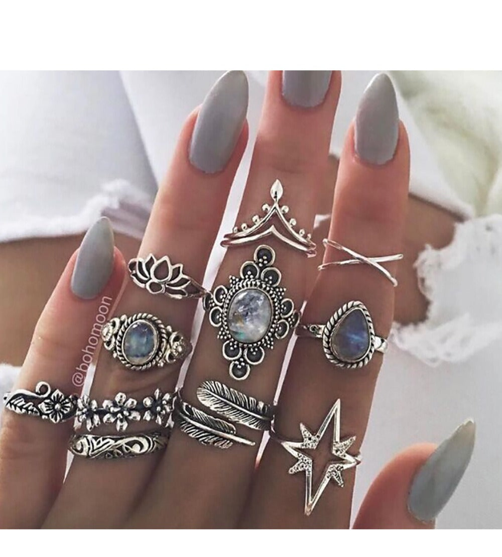 Bohemian Mystique S925 Silver Vintage Turquoise Stacking Open Ring Set