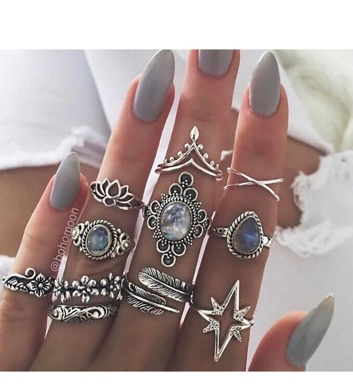 Bohemian Mystique S925 Silver Vintage Turquoise Stacking Open Ring Set