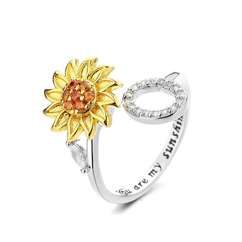 S925 Silver Sunflower Spinner Ring Personalized A-Z Initial CZ