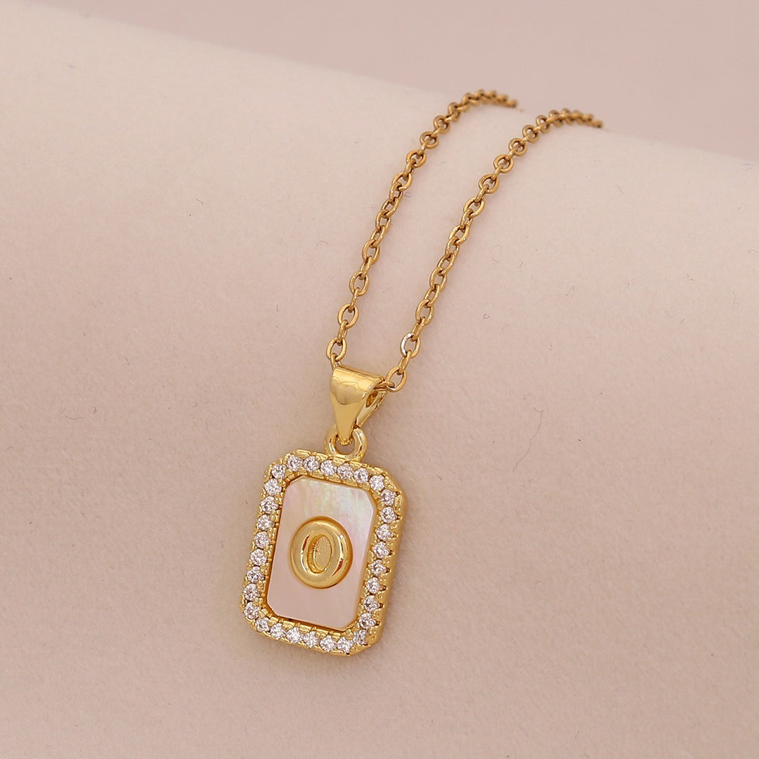 18K Gold Mother of Pearl Initial Necklace CZ Framed A-Z Square Letter Pendant