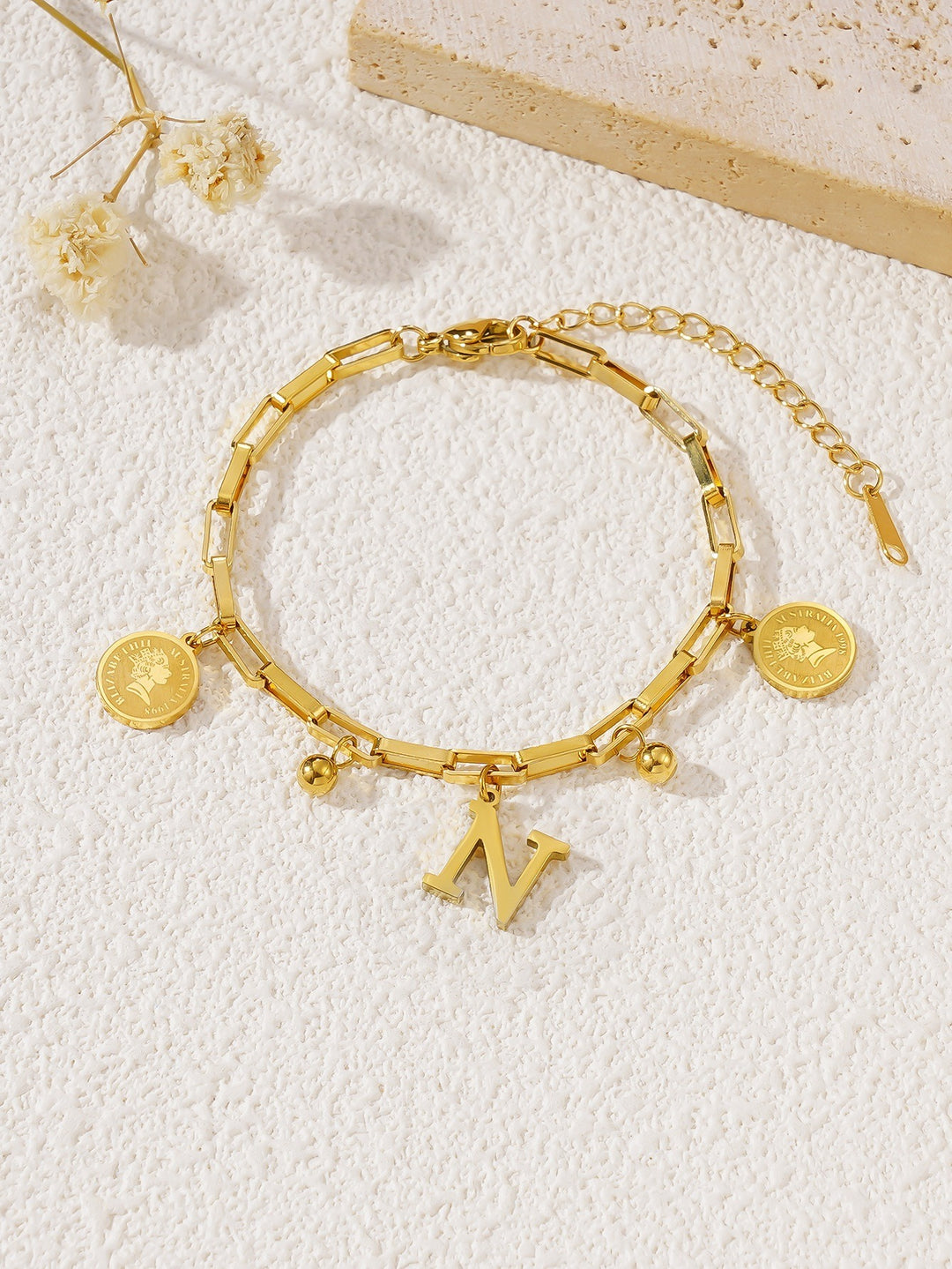 Personalized Initial Lucky Charm 26-Letter Vintage Coin 18K Gold Bracelet