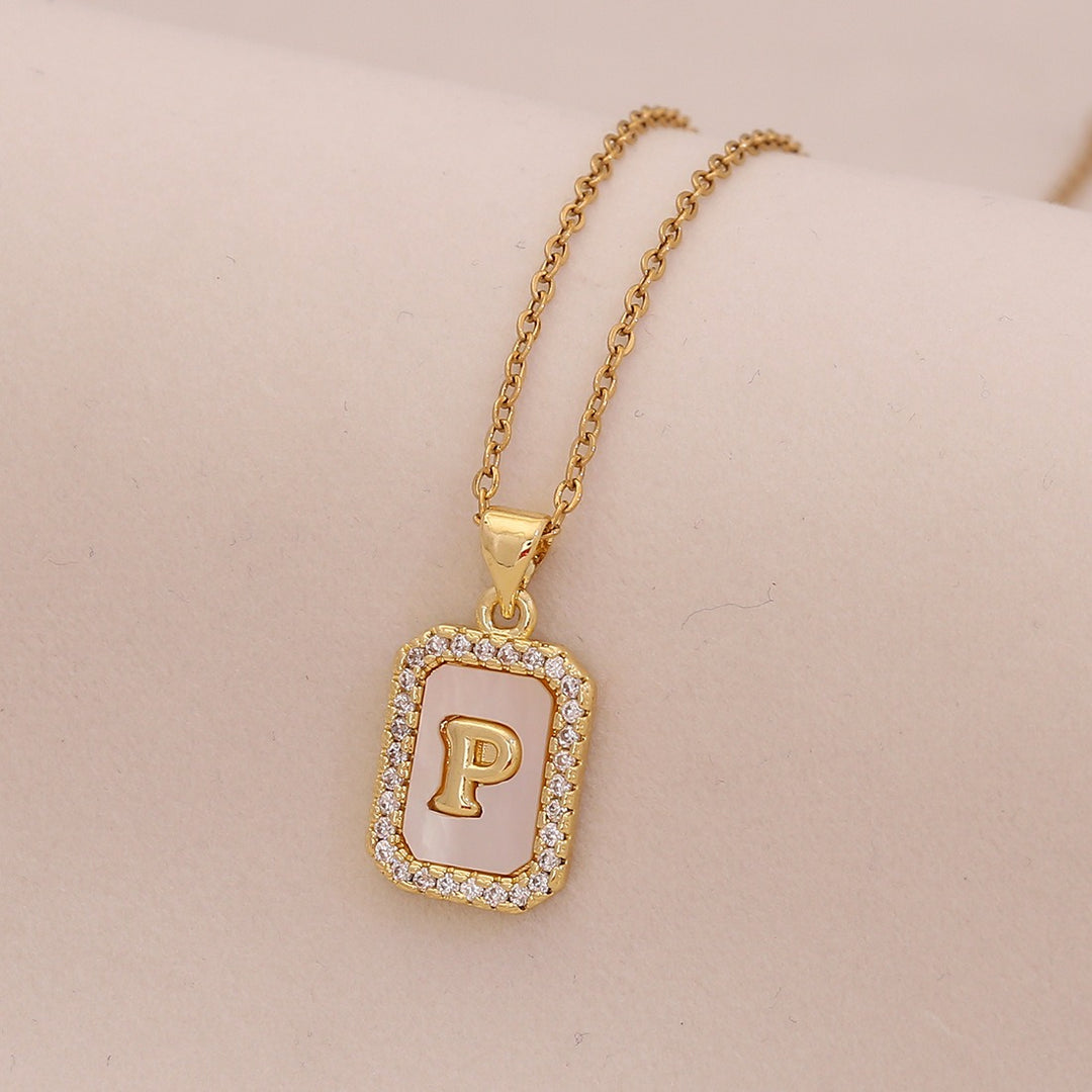 18K Gold Mother of Pearl Initial Necklace CZ Framed A-Z Square Letter Pendant