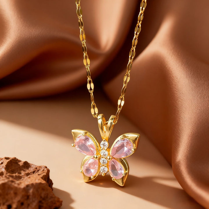 14K Gold Pink Butterfly Pendant Necklace